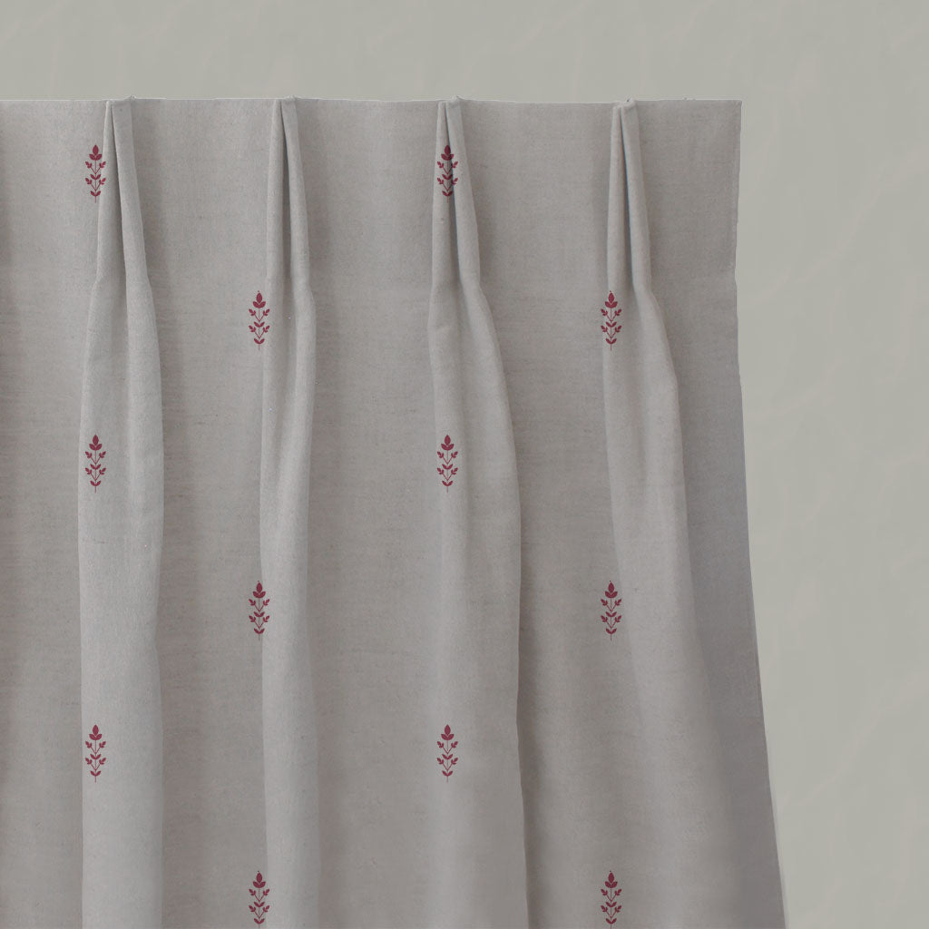 Red Floral Linen Pleated Curtains - Asli Cherry - Natural base fabric.