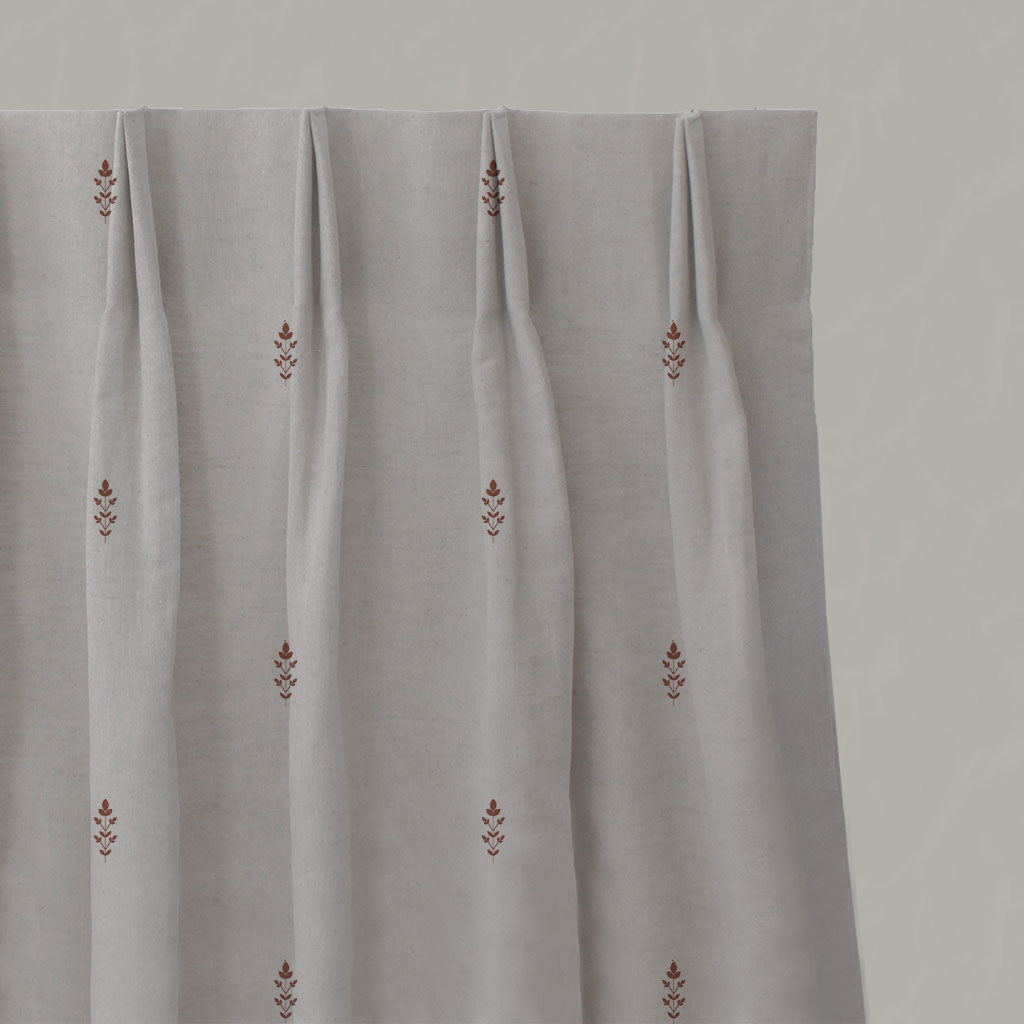 Red / Orange Floral Linen Pleated Curtains - Asli Terracotta - Natural base fabric.