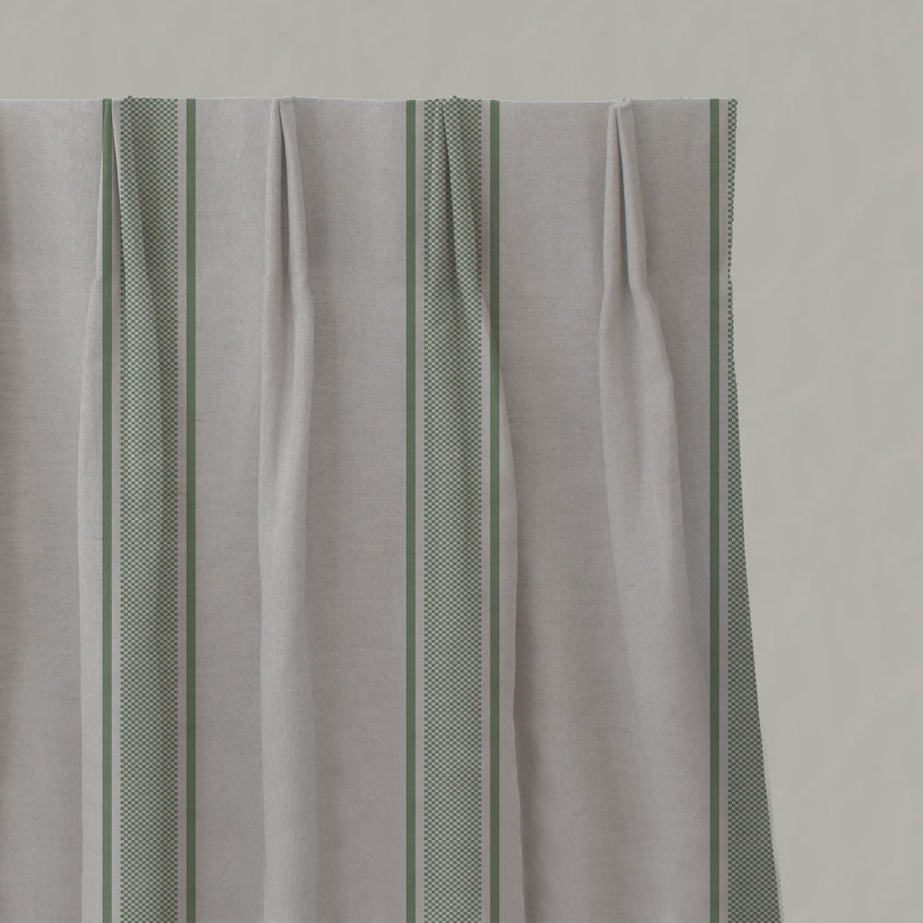 Green Striped Linen Pleated Curtains - Bella Jade Mist - Natural base fabric.