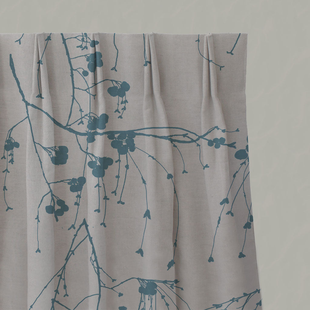 Blue Patterned Linen Pleated Curtains - Berry Marine - Natural base fabric.