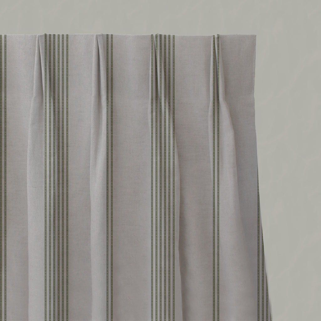 Green Striped Linen Pleated Curtains - Brea Khaki - Natural base fabric.