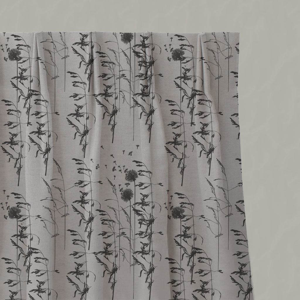 Grey Botanical Linen Pleated Curtains - Breeze Charcoal - Natural base fabric.