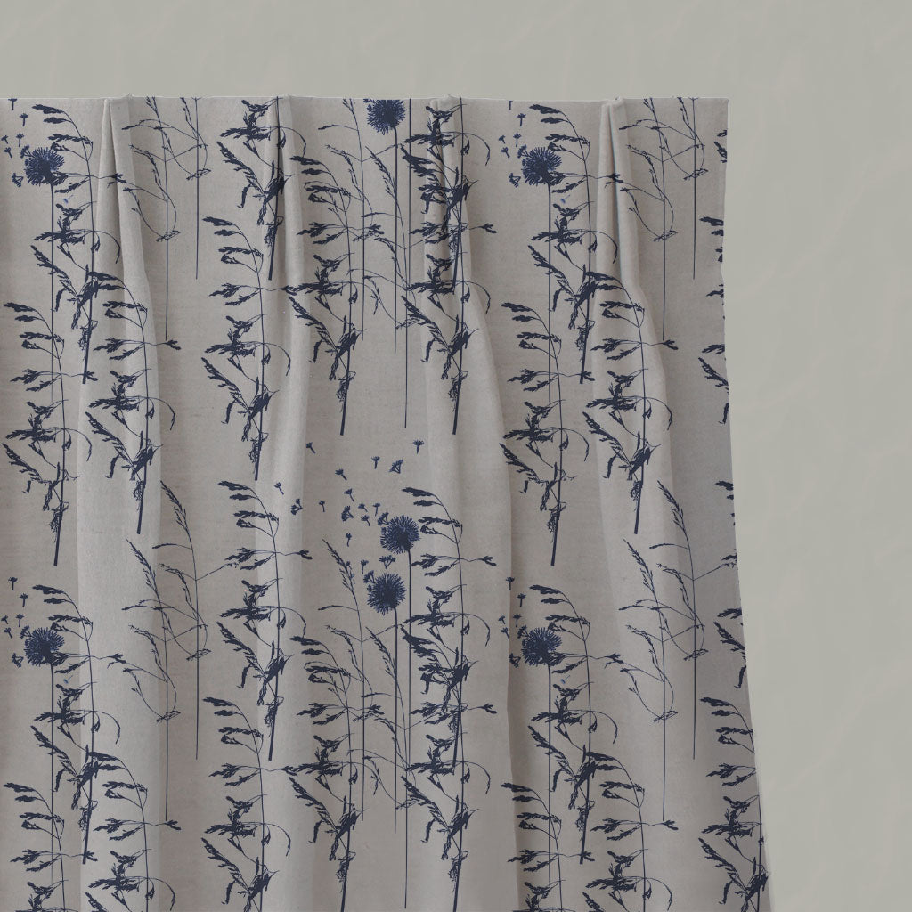 Blue Botanical Linen Pleated Curtains - Breeze Deep Blue - Natural base fabric.