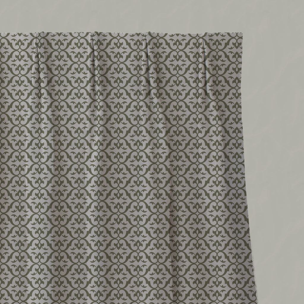Green Patterned Linen Pleated Curtains - Brita Moss - Natural base fabric.