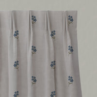 Blue Floral Linen Pleated Curtains - Cree Denim - Natural base fabric.