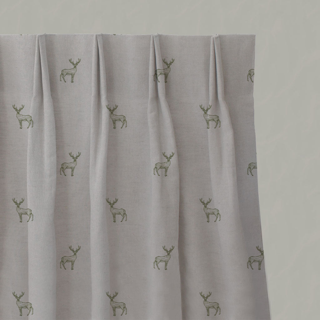 Green Patterned Linen Pleated Curtains - Deer Khaki - Natural base fabric.