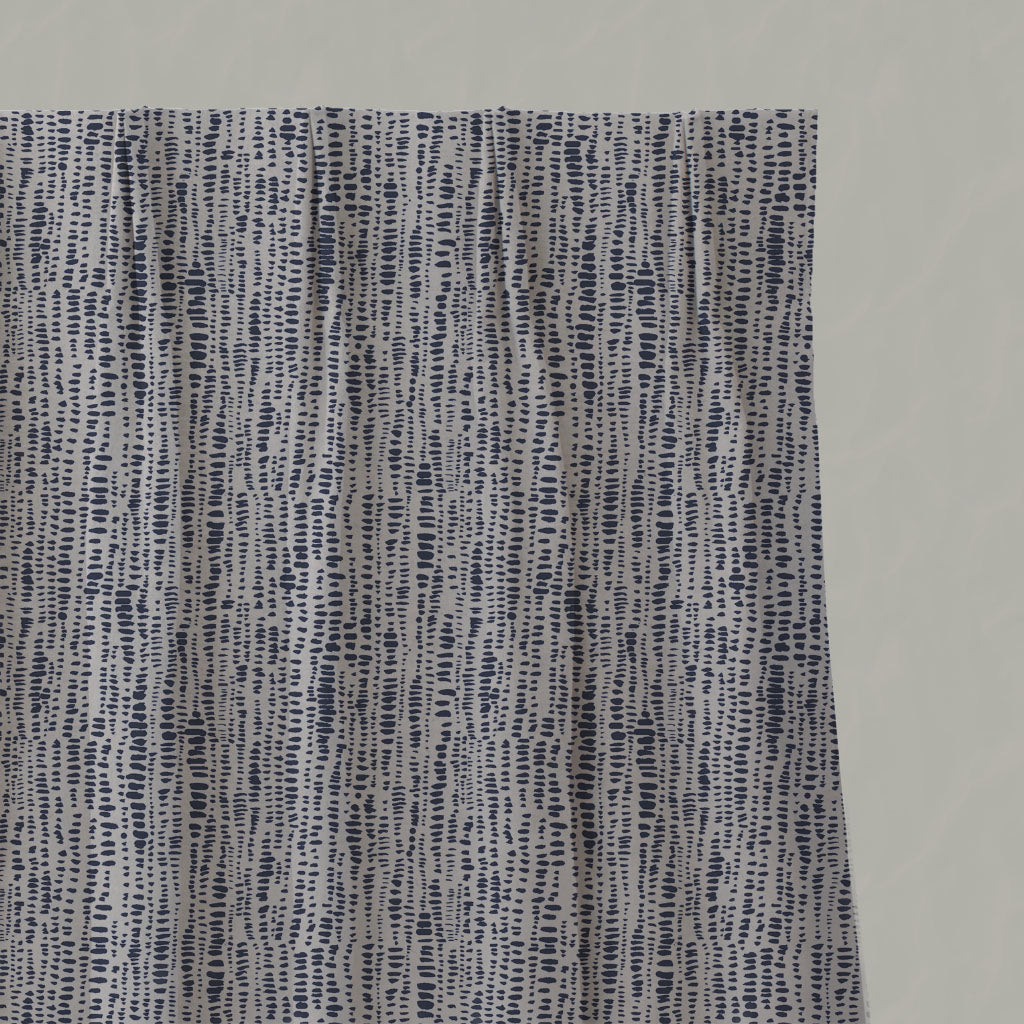 Blue Patterned Linen Pleated Curtains - Dora Deep Blue - Natural base fabric.