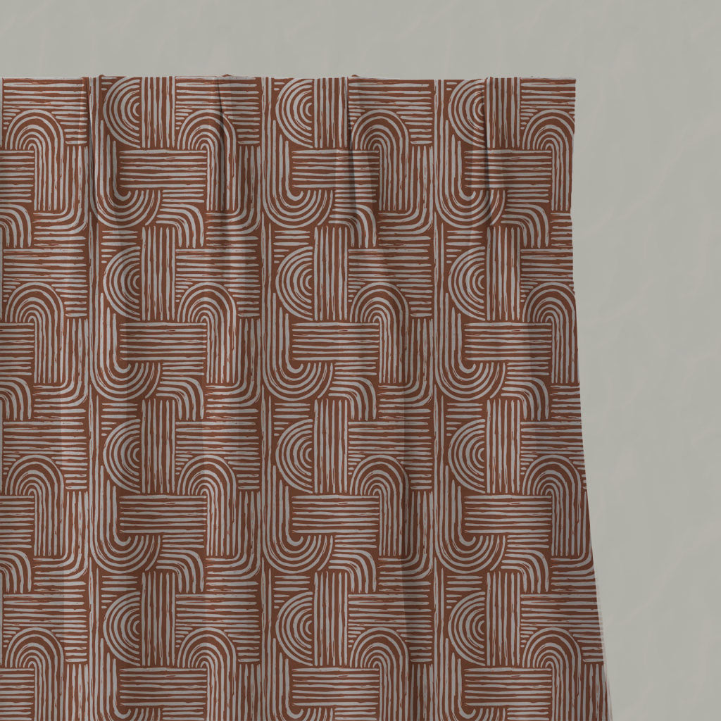 Orange Patterned Linen Pleated Curtains - Ediva Terracotta - Natural base fabric.