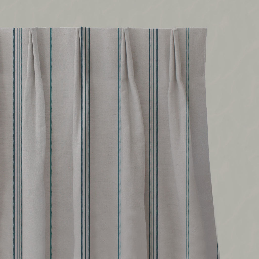 Blue Striped Linen Pleated Curtains - Elise Blue Stone - Natural base fabric.
