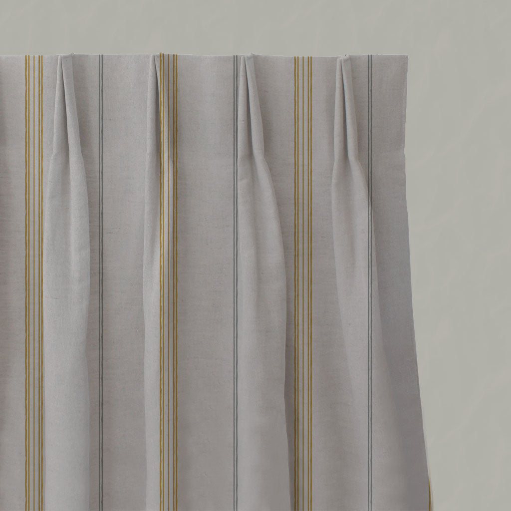 Grey / Yellow Striped Linen Pleated Curtains - Elise Mustard - Natural base fabric.