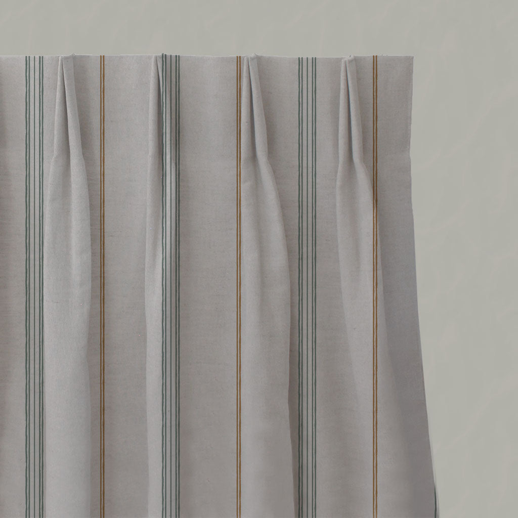 Green / Orange Striped Linen Pleated Curtains - Elise Sage Ochre - Natural base fabric.