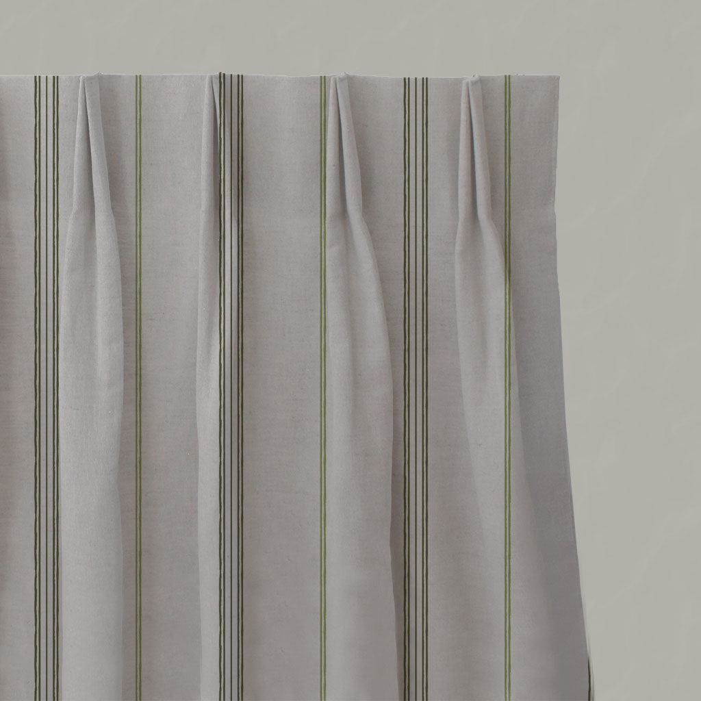 Green Striped Linen Pleated Curtains - Elise Seaweed - Natural base fabric.