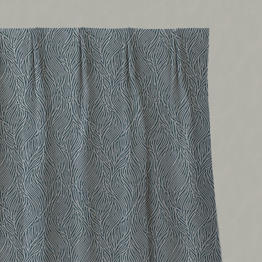 Blue Botanical Linen Pleated Curtains - Erica Blue Stone - Natural base fabric.