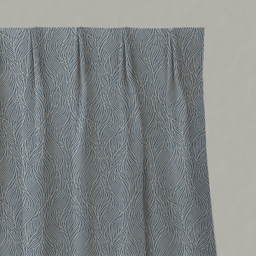 Blue Botanical Linen Pleated Curtains - Erica True Blue - Natural base fabric.