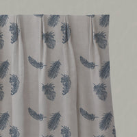 Blue Patterned Linen Pleated Curtains - Feathers Denim - Natural base fabric.