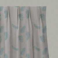 Blue Patterned Linen Pleated Curtains - Feathers Duckegg - Natural base fabric.