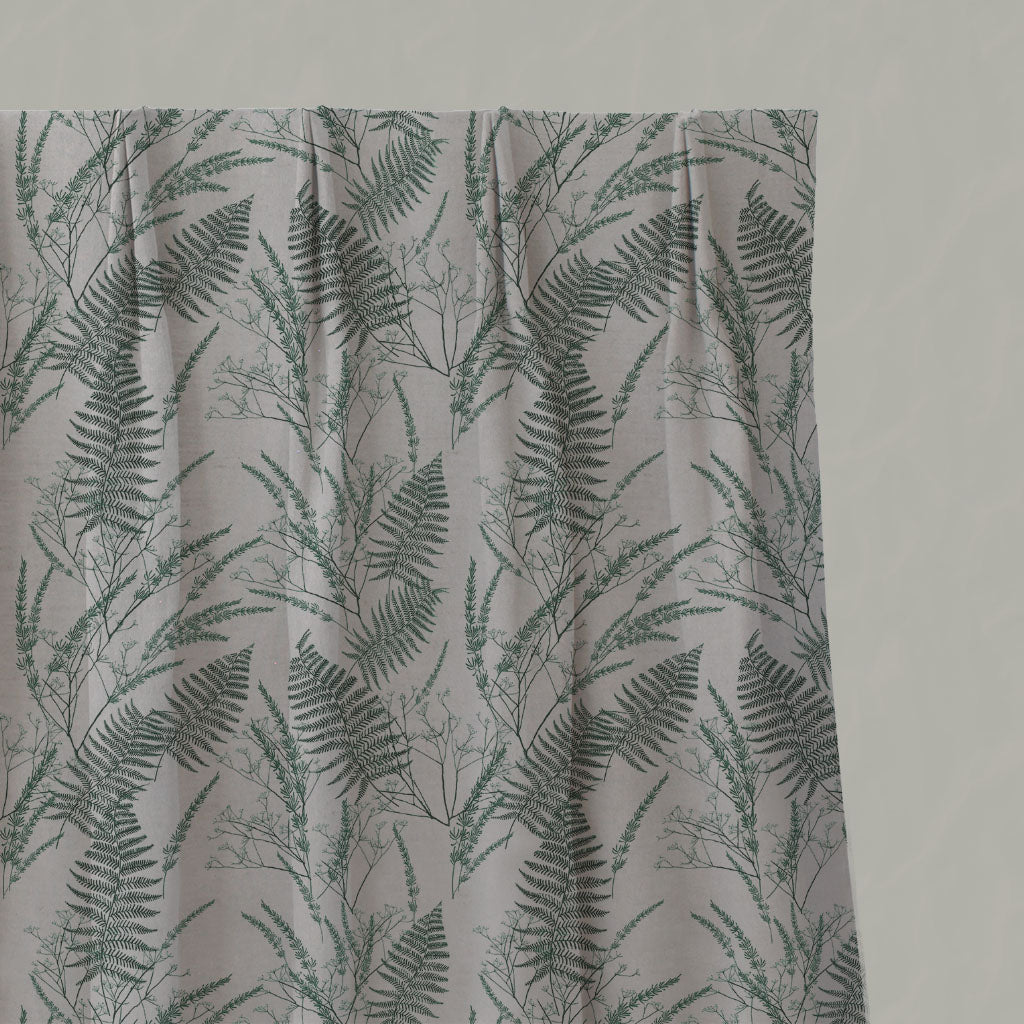 Green Botanical Linen Pleated Curtains - Fernia Dark Pine - Natural base fabric.