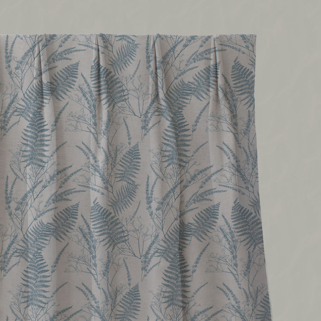 Blue Botanical Linen Pleated Curtains - Fernia True Blue - Natural base fabric.