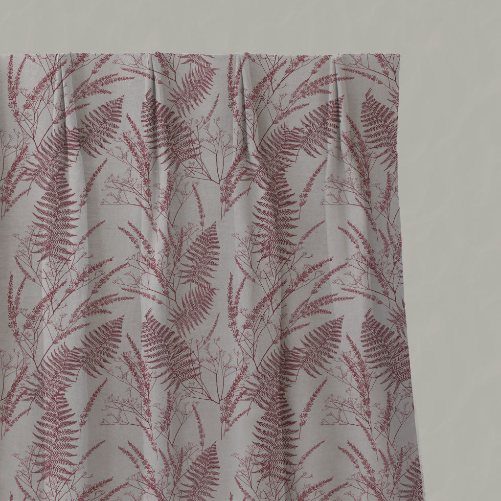 Red Botanical Linen Pleated Curtains - Fernia Wine - Natural base fabric.