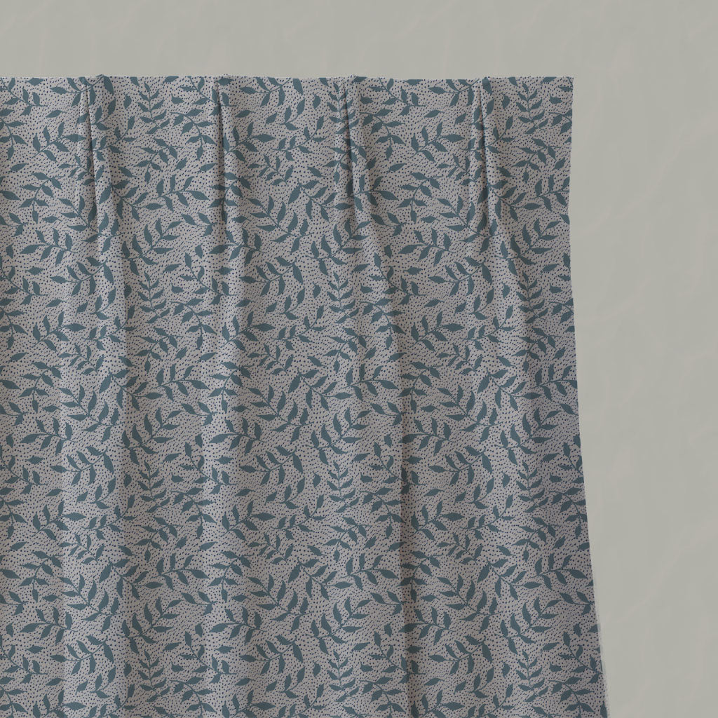 Blue Botanical Linen Pleated Curtains - Fita Blue - Natural base fabric.