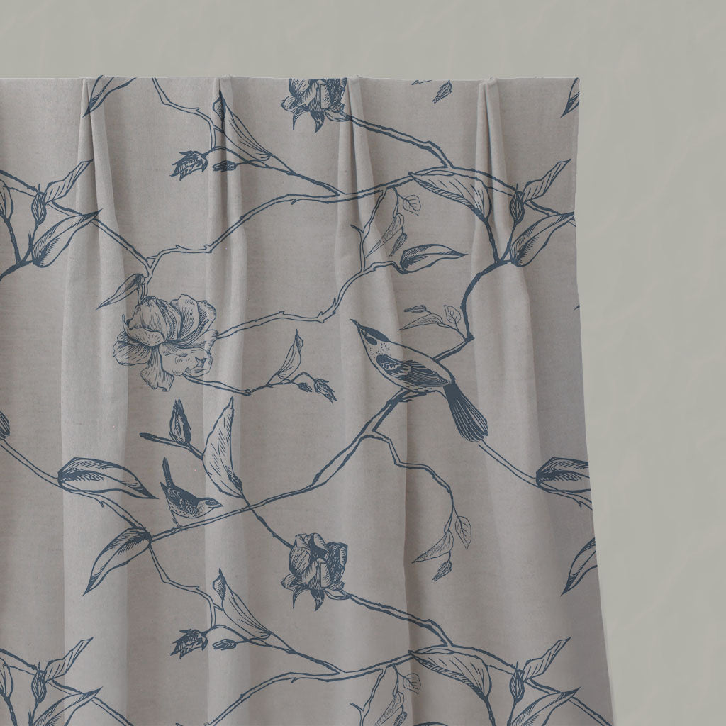 Blue Floral Linen Pleated Curtains - Gardenia Denim - Natural base fabric.