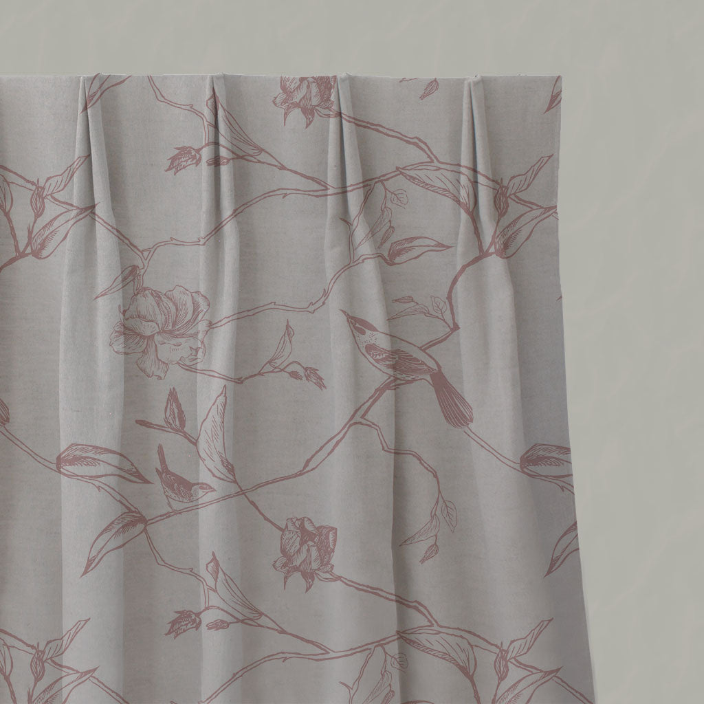 Pink Floral Linen Pleated Curtains - Gardenia Dusty Pink - Natural base fabric.
