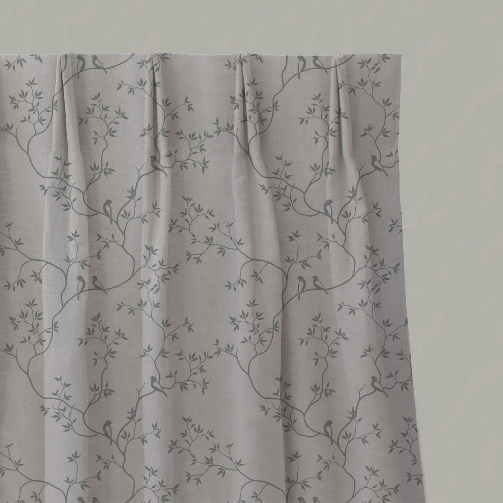 Grey Botanical Linen Pleated Curtains - Goldfinch Greige - Natural base fabric.