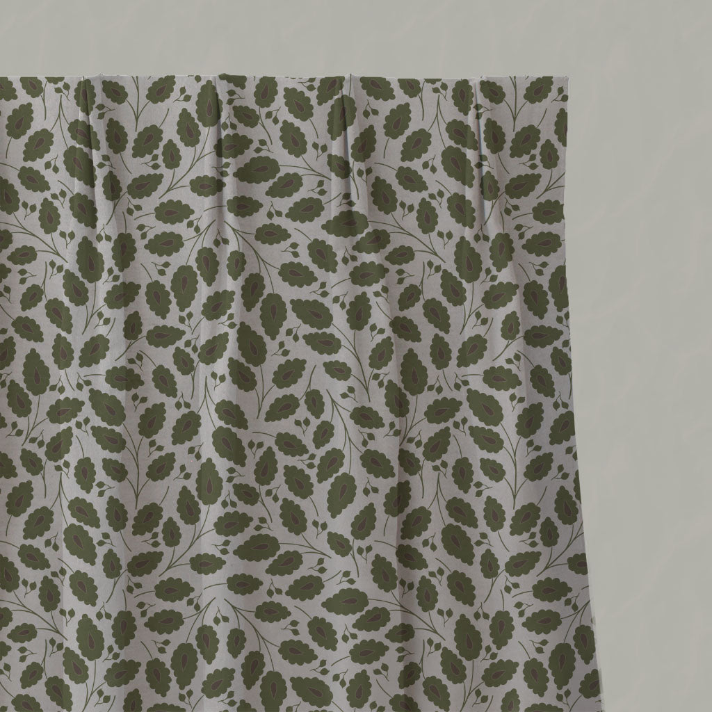 Green Botanical Linen Pleated Curtains - Goldie Khaki - Natural base fabric.