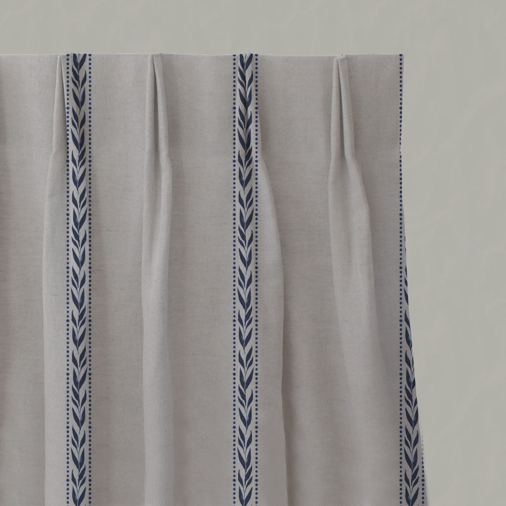 Blue Botanical Linen Pleated Curtains - Helena-NAT Deep Blue - Natural base fabric.
