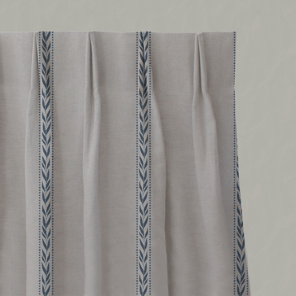 Blue Botanical Linen Pleated Curtains - Helena-NAT Denim - Natural base fabric.