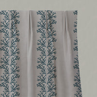 Blue Patterned Linen Pleated Curtains - Hensley Blue Stone - Natural base fabric.
