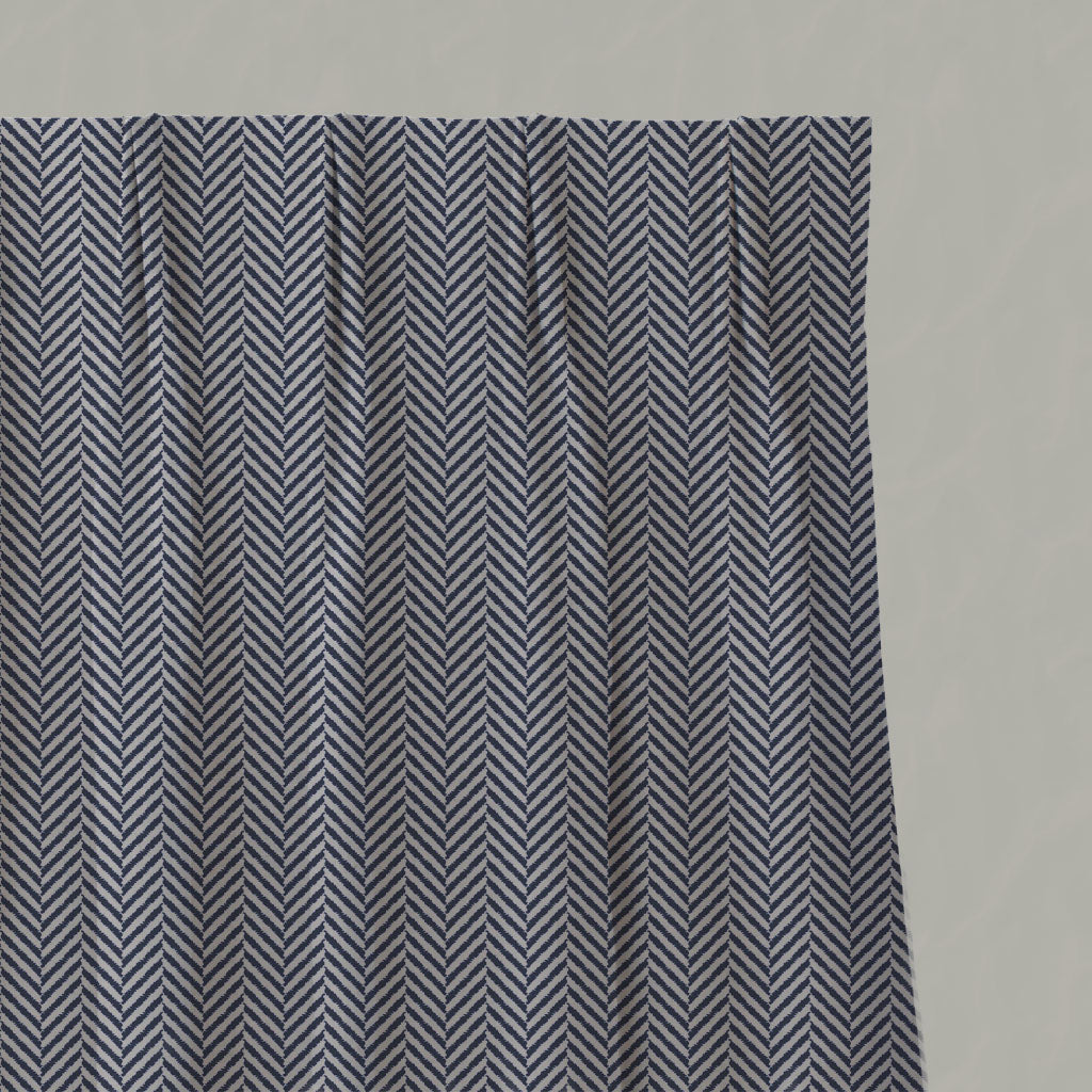 Blue Patterned Linen Pleated Curtains - Hugo Deep Blue - Natural base fabric.
