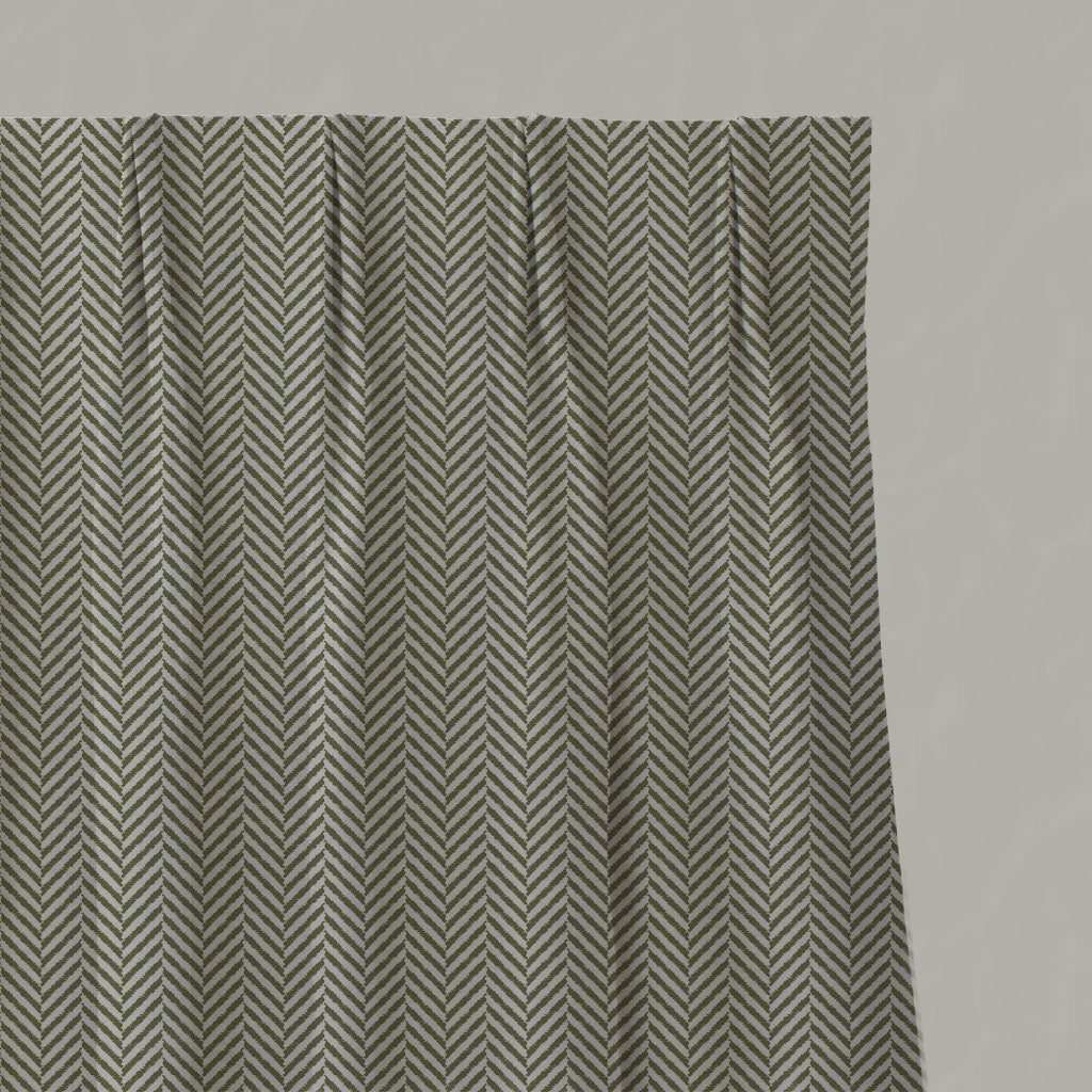 Green Patterned Linen Pleated Curtains - Hugo Khaki - Natural base fabric.