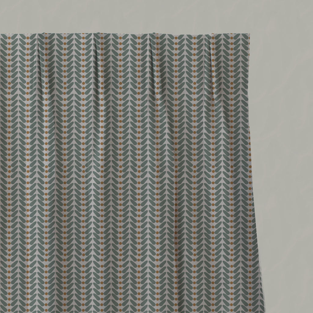 Green / Orange Patterned Linen Pleated Curtains - Hulda Sage Ochre - Natural base fabric.
