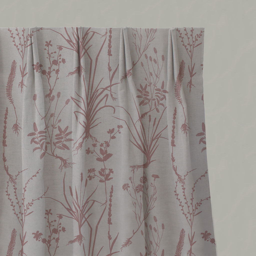 Pink Floral Linen Pleated Curtains - Iida Dusty Pink - Natural base fabric.
