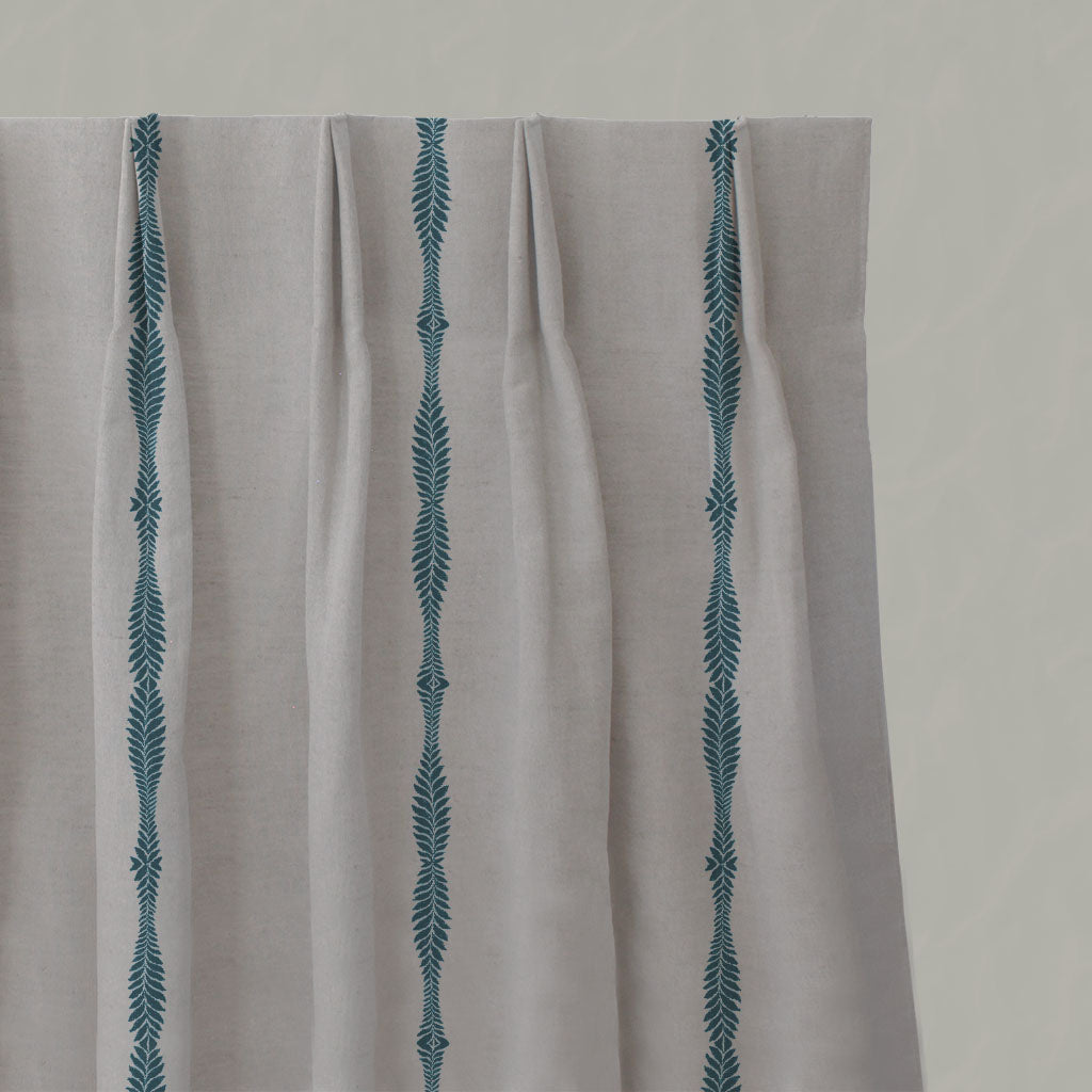Blue Patterned Linen Pleated Curtains - Irina Blue Stone - Natural base fabric.