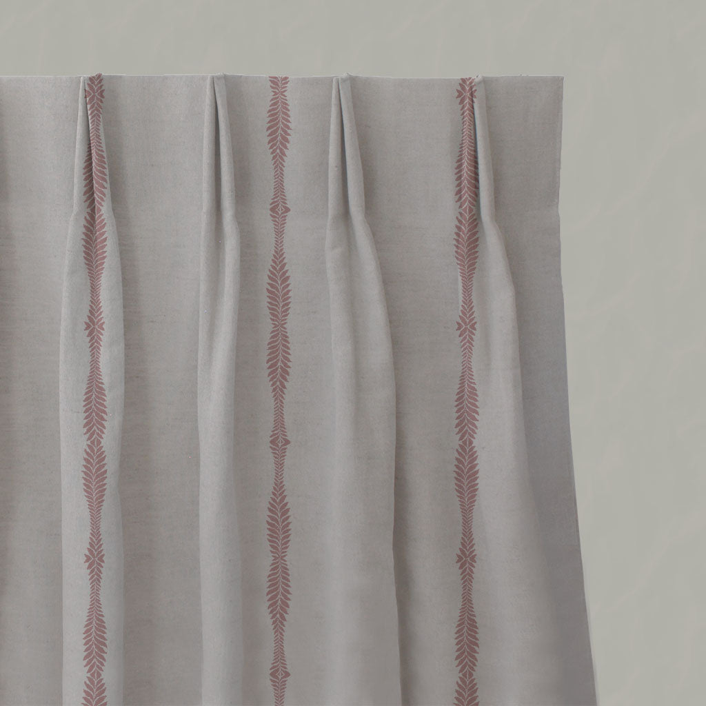 Pink Patterned Linen Pleated Curtains - Irina Dusty Pink - Natural base fabric.