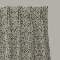 Green Floral Linen Pleated Curtains - Jasmi Khaki - Natural base fabric.
