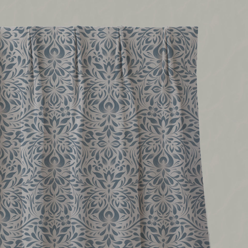 Blue Floral Linen Pleated Curtains - Jasmi True Blue - Natural base fabric.