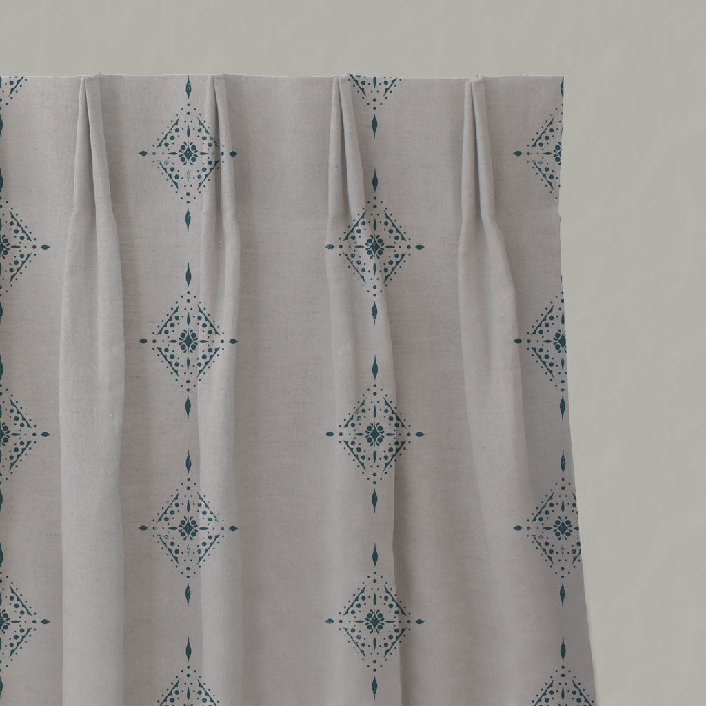 Blue Patterned Linen Pleated Curtains - Kaisley Blue Stone - Natural base fabric.