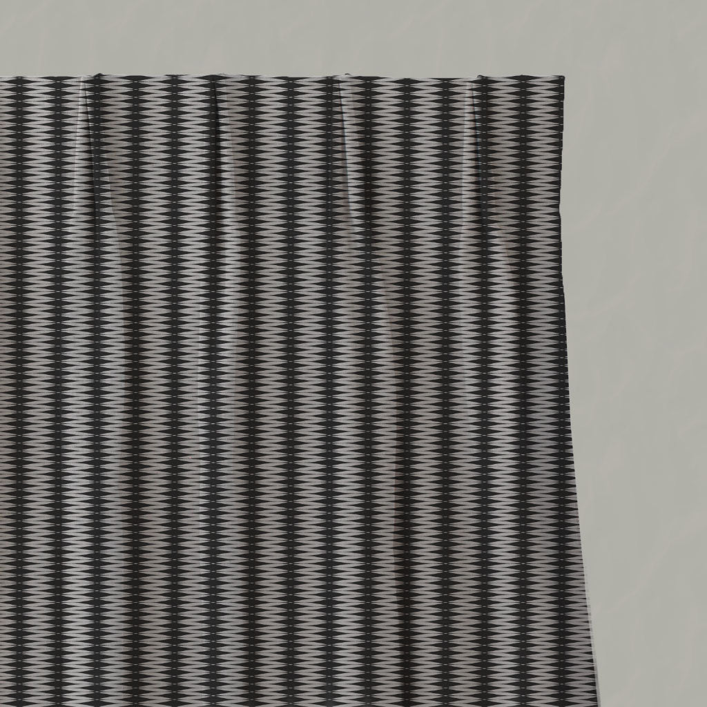 Black Patterned Linen Pleated Curtains - Ksenia Noir - Natural base fabric.