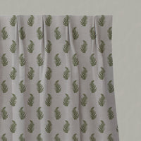 Green Botanical Linen Pleated Curtains - Lena Khaki - Natural base fabric.