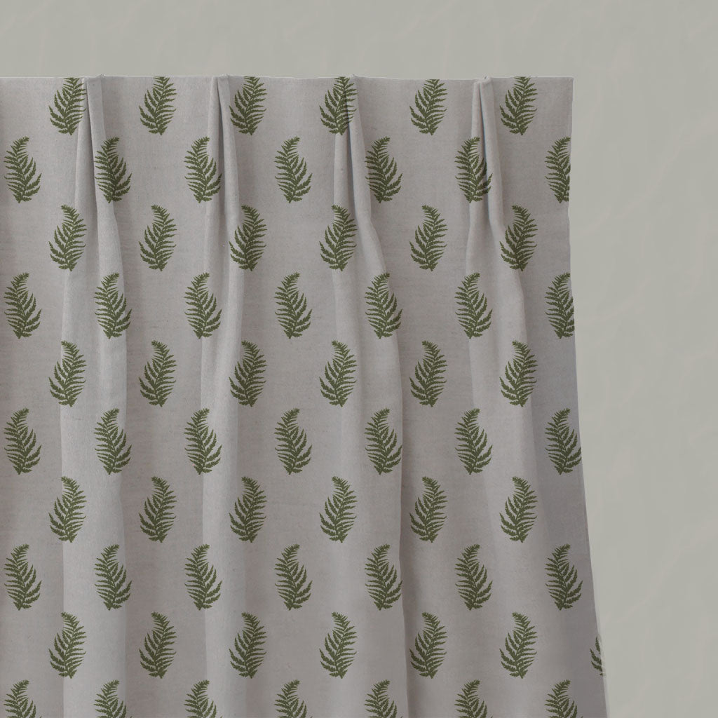 Green Botanical Linen Pleated Curtains - Lena Khaki - Natural base fabric.