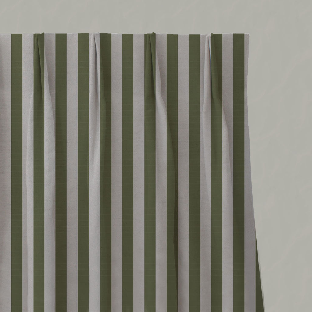 Green Striped Linen Pleated Curtains - Liliana Khaki-NAT - Natural base fabric.