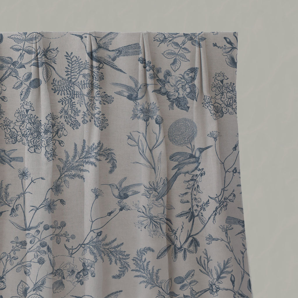 Blue Floral Linen Pleated Curtains - Marianne-INV Denim - Natural base fabric.