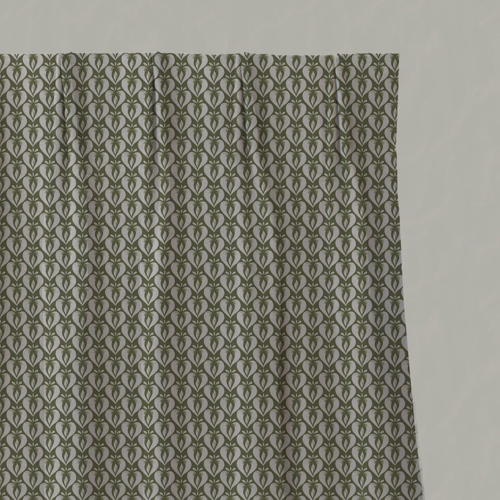 Green Patterned Linen Pleated Curtains - Mimosa Khaki - Natural base fabric.