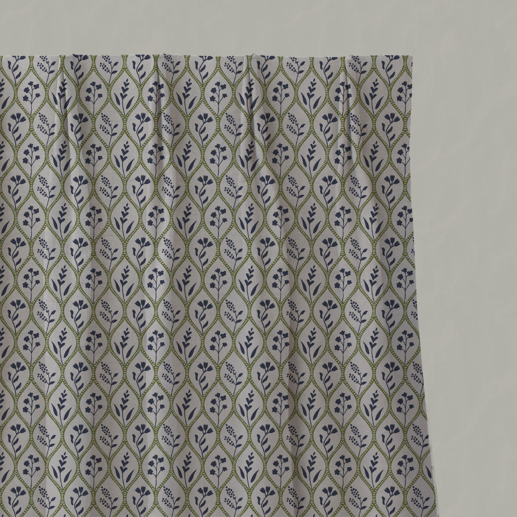 Green / Blue Floral Linen Pleated Curtains - Miny Blue Green-INV - Natural base fabric.