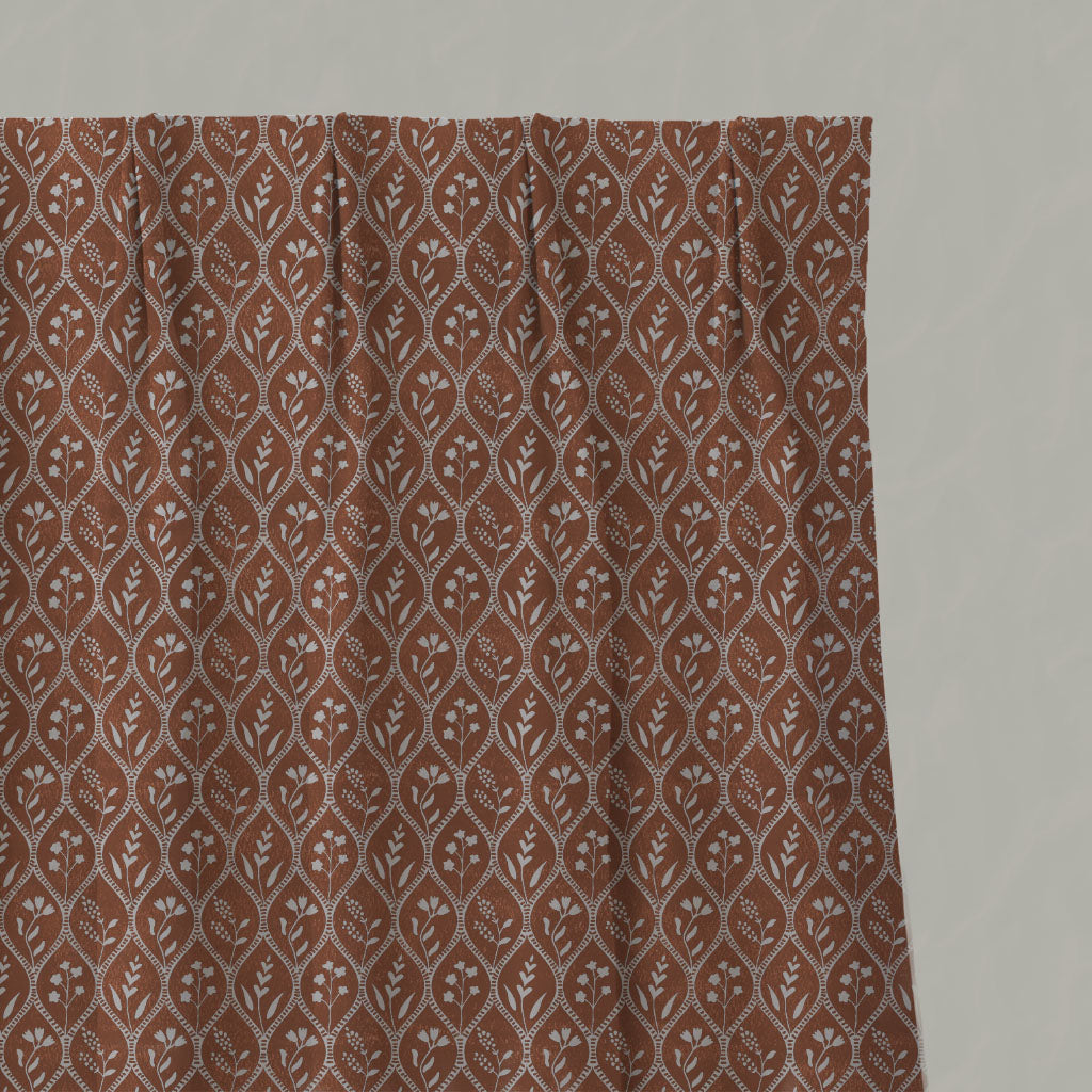 Orange Floral Linen Pleated Curtains - Miny Terracotta - Natural base fabric.