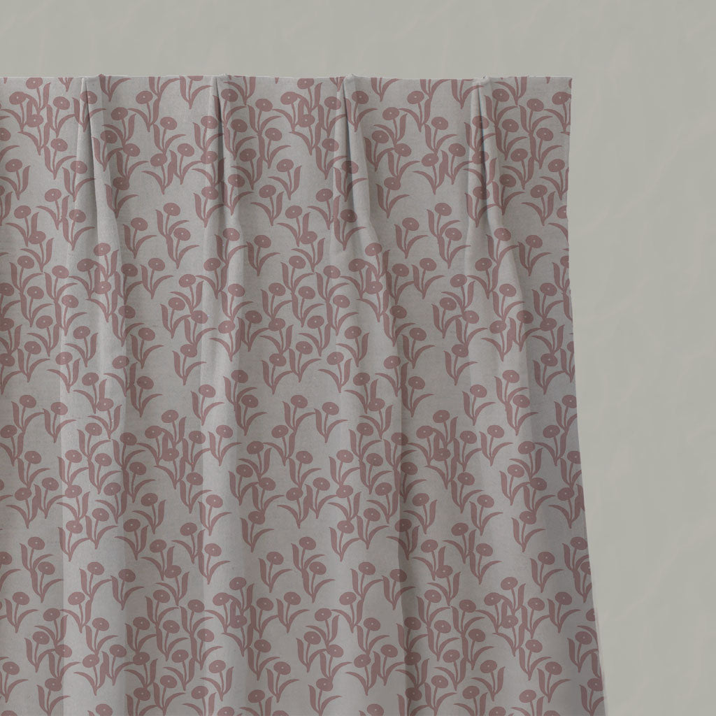 Pink Botanical Linen Pleated Curtains - Nalini Dusty Pink - Natural base fabric.