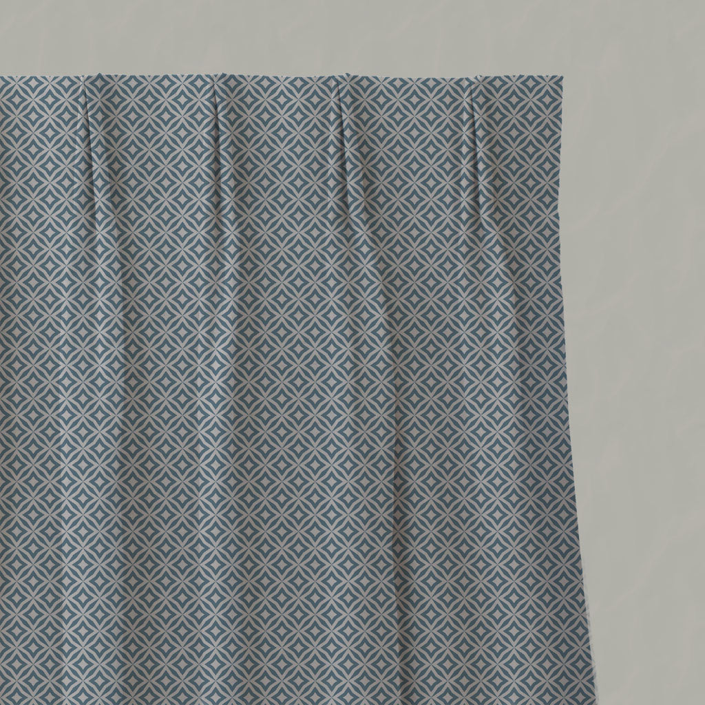 Blue Patterned Linen Pleated Curtains - Nella True Blue - Natural base fabric.